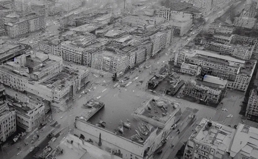 Image similar to 1990s aerial photograph historic footage of a sovietic streets with pedestrians, very large aerial view from a drone, aerial view Cinestill 800t 18mm, heavy grainy picture, very detailed, high quality, 4k panoramic, rain, mud, foggy