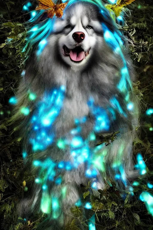 Image similar to flowery long haired alaskan malamute in a bioluminescent forest by malgorzata kmiec and alberto seveso, beautiful, ethereal