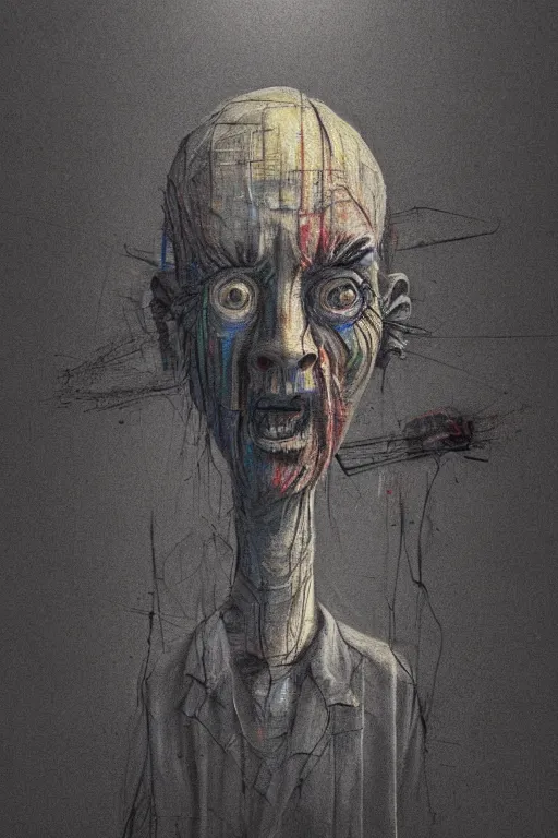 Image similar to crayon cartoon grunge portrait of man waiting for the bus . intricate artwork. nightmare fuel. terrifying. by zdzisław Beksiński, wlop, dan mumford , trending on artstation, greg rutkowski very coherent symmetrical artwork. cinematic, hyper realism, high detail, octane render, 8k