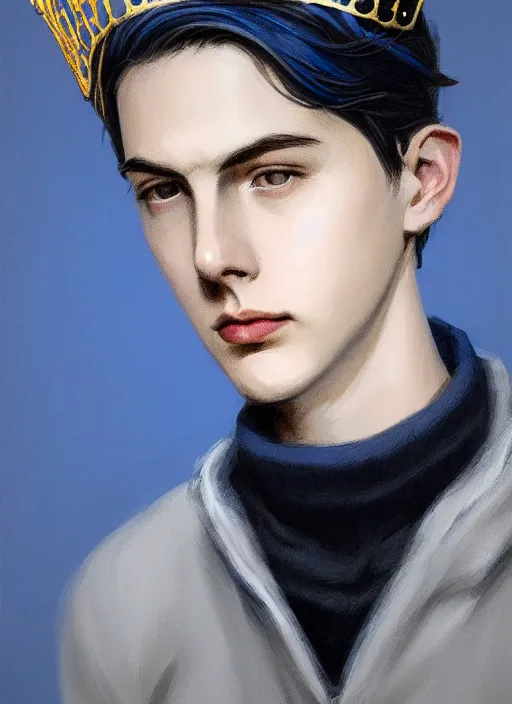 Image similar to portrait of teenage jughead jones wearing a light grey crown, crown, blue turtleneck, 1 9 5 0 s, closed eyes, photorealistic, black hair, glowing lighting, intricate, elegant, glowing lights, highly detailed, digital painting, artstation, concept art, smooth, sharp focus, illustration, art by wlop, mars ravelo and greg rutkowski