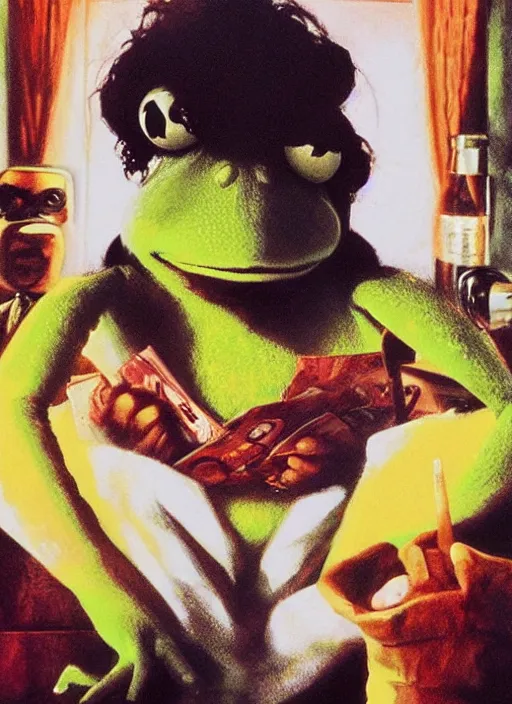 Image similar to poster artwork by Drew Struzan, Drew Struzan of portrait of Kermit the Frog, from scene from Pulp Fiction