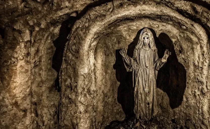 Image similar to several decrepit creepy statues of the archangel gabriel looking at the camera, placed throughout a dark claustrophobic old catacomb cavern, realistic, underexposed photography, bad camera footage, wide shot, sinister, bad lighting, foreboding, grainy photo