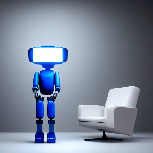 Image similar to futuristic lonely matte gray and glossy white and translucent blue humanoid robot with huge comically sad OLED eyes and open rectangular mouth sits facing to the left, reading a hardbound leather book on a large comfortable cushioned midcentury chair. Cinematic Lighting, Cinematic Movie Photograph, Arri Alexa, Extremely Detailed, smooth, very very clean, simple, 8K, octane render, maya render, unreal engine, trending on artstation, DSLR