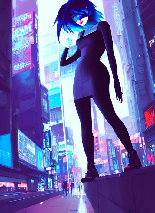 Image similar to hyper realistic photograph portrait of cyberpunk pretty girl with blue hair, wearing a tight black dress, in city street at night, by makoto shinkai, ilya kuvshinov, lois van baarle, rossdraws, basquiat