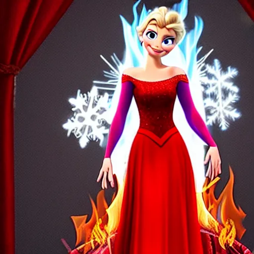 Image similar to elsa in a red dress with fire powers