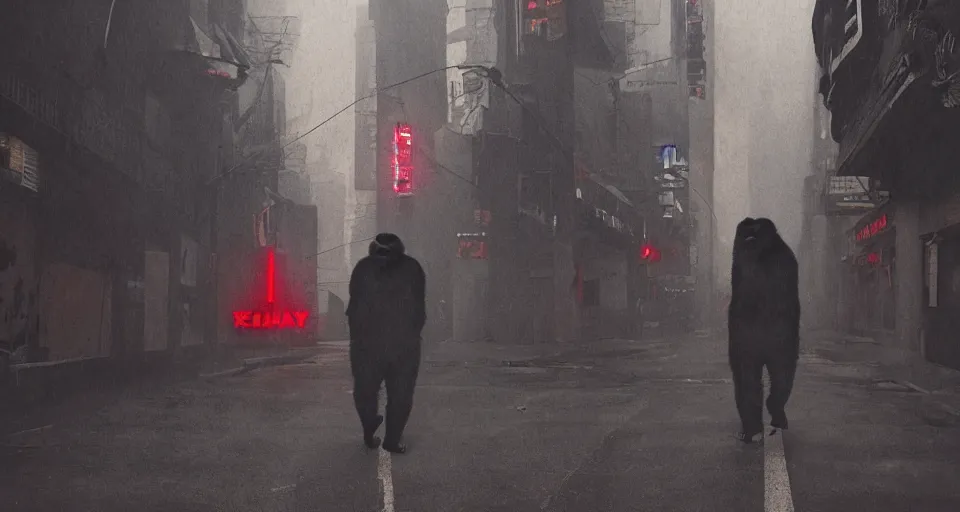 Image similar to gorilla wearing a red akira jacket, walking down a blade runner street, looking suspicious, by ash thorp