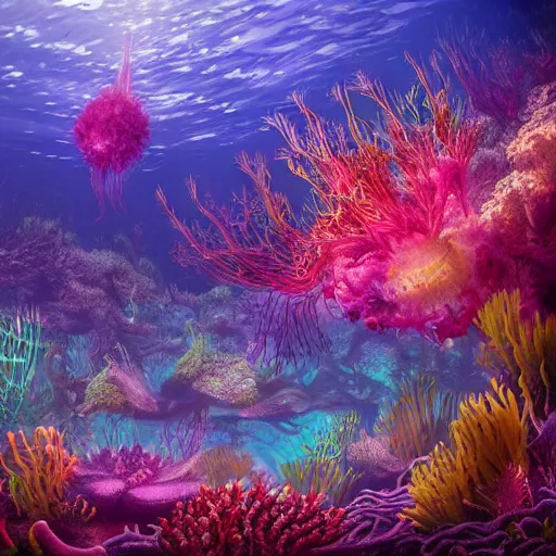 Image similar to underwater forest made of jellyfish beautiful composition, wide angle, colorful, cinematic, volumetric lighting, intricate details painting