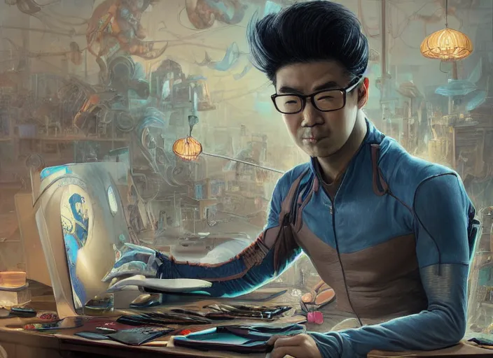 Image similar to an insanely detailed painting of an asian man wearing a homemade superhero costume, sitting at a desk, staring seriously at the computer and typing, in the style of peter mohrbacher, james jean, artgerm, dramatic lighting and composition, surreal background, octane render, pixar, trending on artstation, concept art, comic book, view from behind, 8 k