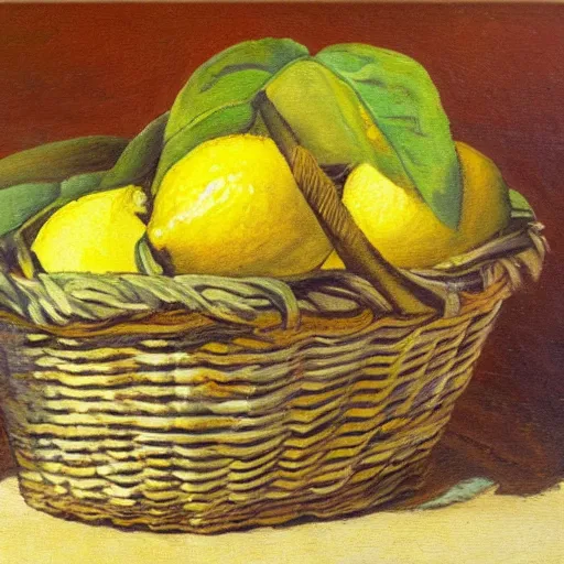 Prompt: a lemon in a basket of fruits in a forest, oil painting