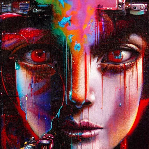 Image similar to portrait of virgin mary, cameras, melting ,8k,by tristan eaton,Stanley Artgermm,Tom Bagshaw,Greg Rutkowski,Carne Griffiths, Ayami Kojima, Beksinski, Giger,trending on DeviantArt,face enhance,hyper detailed,minimalist,cybernetic, android, blade runner,full of colour