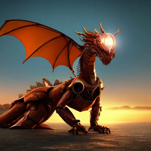 Image similar to a highly detailed beautiful majestic anthropomorphic robot female dragon, with smooth and streamlined mechanical armor, standing and posing elegantly on a beach, well detailed head with LED eyes, with sharp claws on her hands and feet, two arms, two legs, long tail, artstation, DeviantArt, professional, octane render, sunset lighting