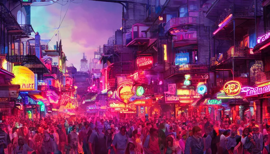 Prompt: futuristic crowded bourbon street, color lights, sunset, fanfare, hyperdetailed, artstation, cgsociety, 8 k