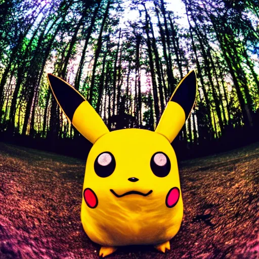 Prompt: happy pikachu with crackling lighting taking a selfie. fisheye lens