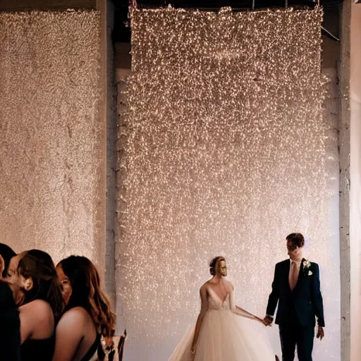 Prompt: a bride and groom walking into a diary paper installation fairytale, romantic hyper detailed cinematic light