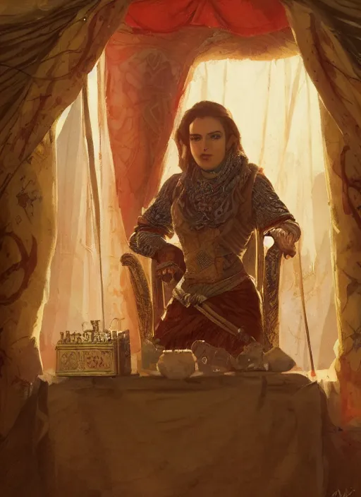 Prompt: portrait of queen commander in outpost tent, persian carpets, lamps, in the style of charles sillem lidderdale, in the style of greg rutkowski, artstation, high quality art