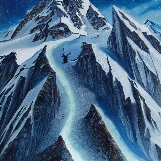 Image similar to perilous trailblazer Antarctica glacial cult mountain king, realistic fantasy, oil painting, extremely high detail, photorealistic, cinematic lighting, oil painting, intricate line drawings, 4k resolution