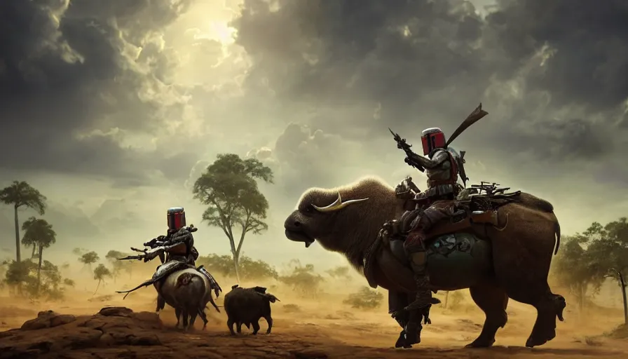 Image similar to boba fett riding a buffalo through madagascar with baobabs trees, animals chasing, action scene, an epic fantasy, artgerm and greg rutkowski and alphonse mucha, an epic fantasy, volumetric light, detailed, establishing shot, cinematic, photorealistic, hyper detailed, ultra realistic, trending on art station, octane render, midsommar