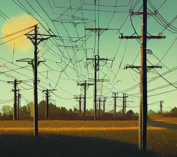 Image similar to realistic powerlines, by simon stalenhag