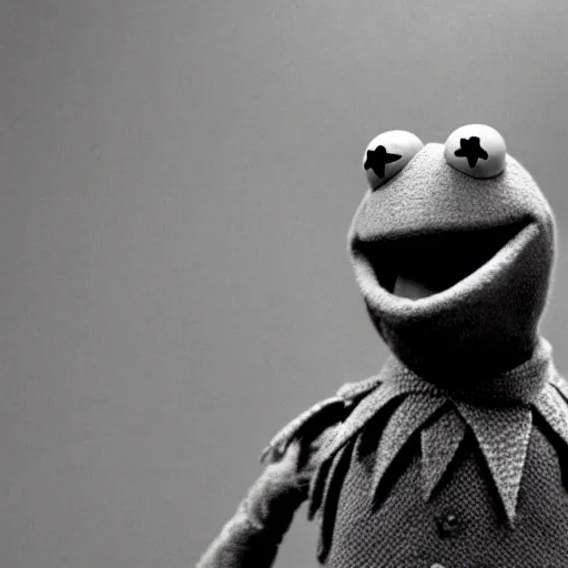 Prompt: Kermit the frog from Sesame Street as a Ronin in a Kurosawa film, Still Frame, Black and White