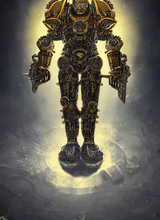 Image similar to full body, attack position abstract portrait of a intricate ornate holy mechanical warforged with circular glowing eye, character in yellow armor holding a legendary paladin engraved great longsword with a metal blade drawn and carrying a huge heavy paladin shield, vertically flat head, face in focus, epic , trending on ArtStation, masterpiece, cinematic lighting, by Ross Tran and by Greg Rutkowski