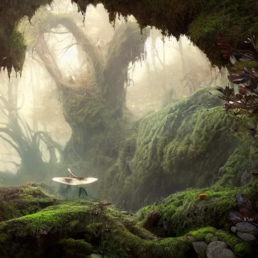 Image similar to soft painting render curiosities alien desolated world pond vegetation rocks, beautiful fairy creature covered moss scintillating, accurate features, focus, very intricate ultrafine details, random volumetric lighting, dense fog, award winning masterpiece, octane render 8 k hd, artstation, tom bagshaw