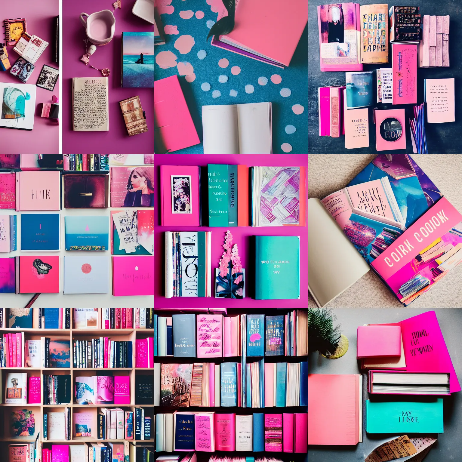 Prompt: flatlay book collection, vivid colors, dramatic lighting, pink and blue