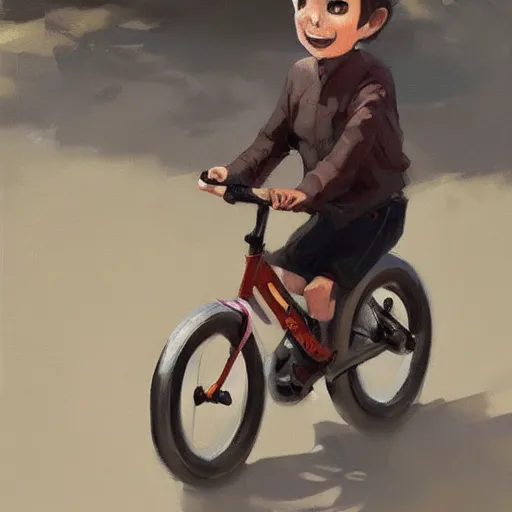 Prompt: Expressive painting of boy riding a bicycle, digital art by Krenz Cushart, trending on artstation