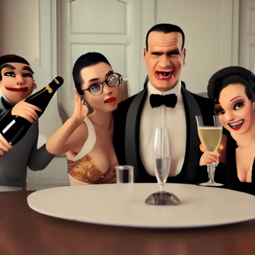 Prompt: a happy mafia family celebrating drinking champagne around a table, 3 d render octane, trending on artstation
