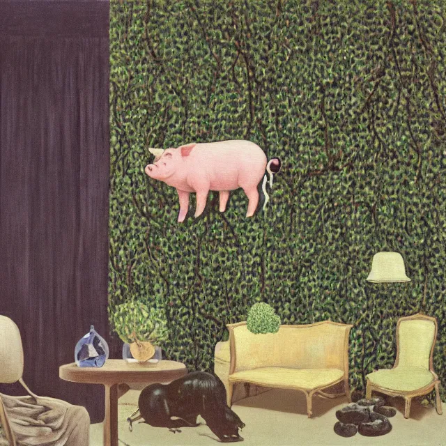 Image similar to a pathology student in her apartment, wrapped in vines, large stones, pig, black walls, ikebana, black armchair, puddles, moss, acrylic on canvas, surrealist, by magritte and monet