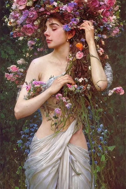 Image similar to portrait of a beautiful mysterious woman holding a bouquet of flowing flowers, wet dripping long hair, hands hidden under the bouquet, emerging from the water, fantasy, regal, intricate, by stanley artgerm lau, greg rutkowski, thomas kindkade, alphonse mucha, loish, norman rockwell