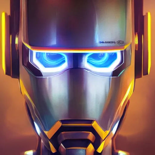 Prompt: robot with glowing yelow visor as a realistic scifi cyberpunk knight, closeup portrait art by james jean and greg rutkowski, realistic face, like ironman, digital art, trending on artstation, symmetry!!!