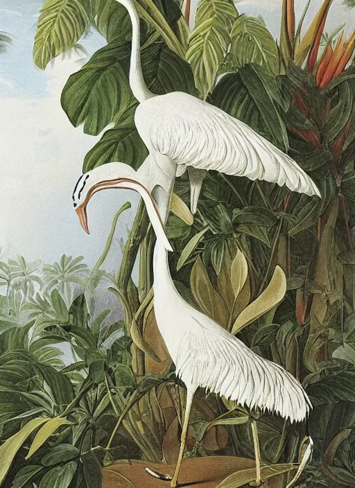 Image similar to tiger, white crane, tropical plants, botanical, large exotic flowers, biology, realistic, painted by john audubon