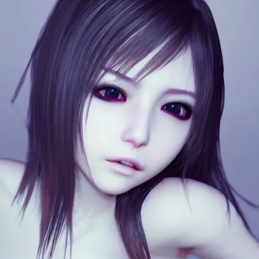 Prompt: a douyin egirl face glowing white eyes white skin grunge evil cute kawaii, 3 d render, hyper realistic, final fantasy 1 2 style