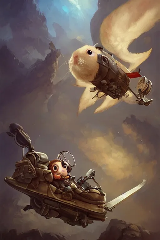 Image similar to cute little anthropomorphic Guinea Pig Piloting a helicopter , tiny, small, short, Pilot outfit, cute and adorable, pretty, beautiful, DnD character art portrait, matte fantasy painting, DeviantArt Artstation, by Jason Felix by Steve Argyle by Tyler Jacobson by Peter Mohrbacher, cinematic lighting