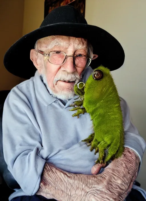 Image similar to an elderly man and his pet tardigrade, tardigrade on lap, cute pet photo