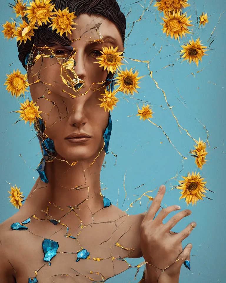 Prompt: symmetrical painting of a fractured obsidian greek woman statue of a topaz spikes sunflowers lightblue dripping paint fixed with kintsugi, rendered in octane trending on cgsociety. extremely detailed and intricate art