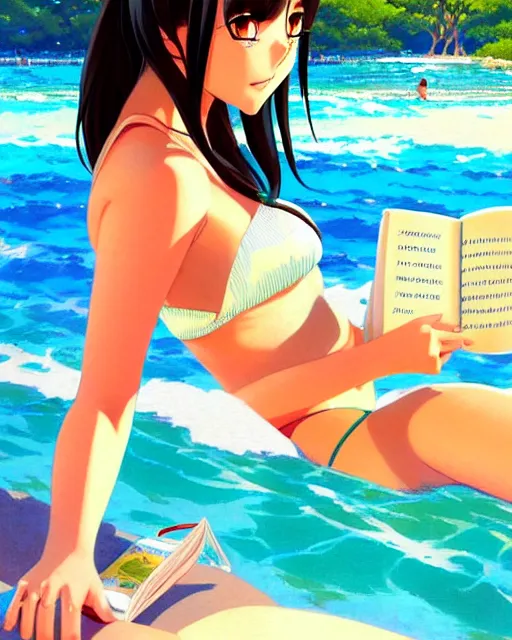 Prompt: very cute girl in bikini reading a book | very anime!!!, fine face, audrey plaza, realistic shaded perfect face, fine details. anime. strong realistic shaded lighting poster by ilya kuvshinov katsuhiro otomo ghost, magali villeneuve, artgerm, jeremy lipkin and michael garmash and rob rey