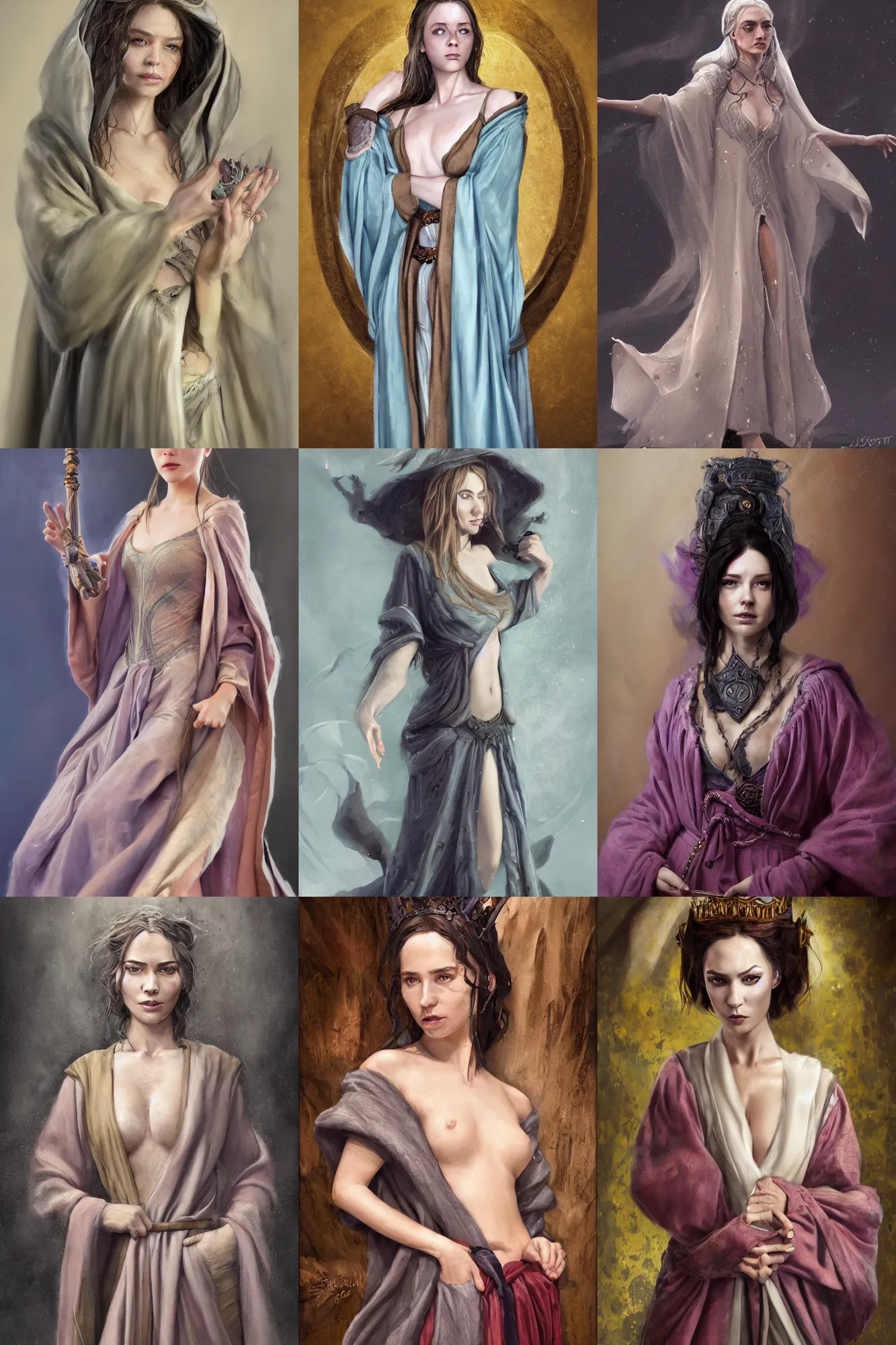 Prompt: a full body high detail fantasy portrait oil painting illustration of a single young elegant haughty sorceress woman in a worn travel robe by Justin Sweet with face and body clearly visible, pupils visible, realistic proportions, d&d, rpg, forgotten realms, artstation trending, high quality, sombre mood, artstation trending, muted colours, no crop, entire person visible!,