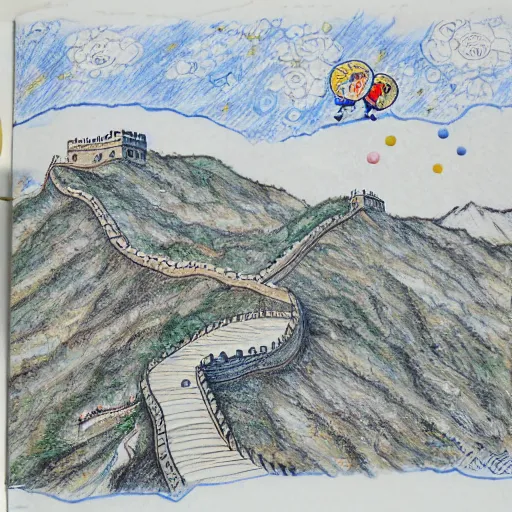 Image similar to a illustration of the great wall of china, in a notebook, takashi murakami inspired, notebook paper, highly detailed, beautiful sketch drawing