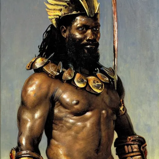 Prompt: one bearded african american spartan warrior. wearing intricate breastplate. oil painting. by frank frazetta.