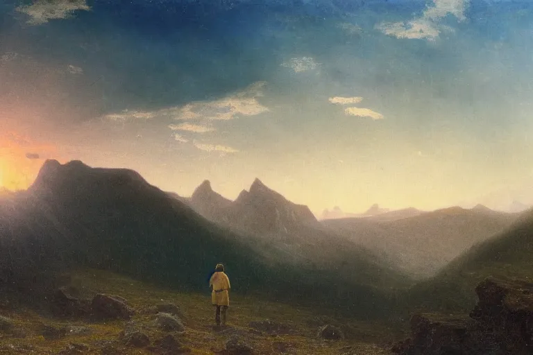 Image similar to a traveler wandering trough the mountains looking at the clouds, very detailed, focused, oil painting, cinematic lighting, albert bierstadt, trending on artstation, colorful, canvas, sunset, hans dahl, theodor kittelsen, hermann hendrich, national geographic, Konstantin Yakovlevich Kryzhitsky, beautiful nature, breathtakingn nordic