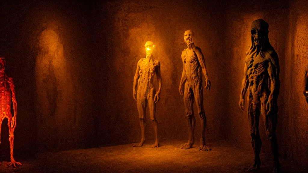 Image similar to the creature in the basement, made of glowing wax and ceramic, surrounded by friendly faces, film still from the movie directed by denis villeneuve and david cronenberg with art direction by salvador dali and zdzisław beksinski, wide lens