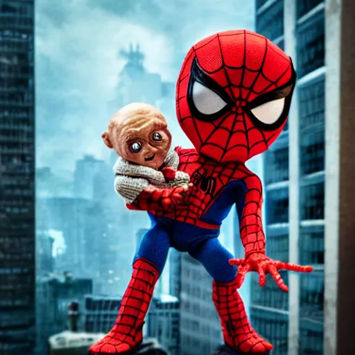 Image similar to spider - man holding chucky the killer doll