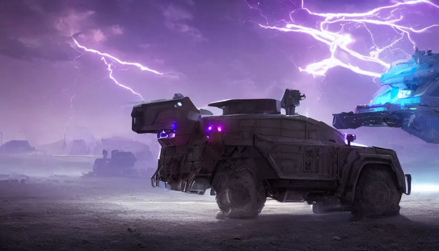 Prompt: an image of an armored vehicle in the night desert with blue headlights on by Paul Chadeisson, atmospherical, concept art, high detail, intimidating , cinematic, purple lightning , heavy storm , Artstation trending, octane render, wet metal