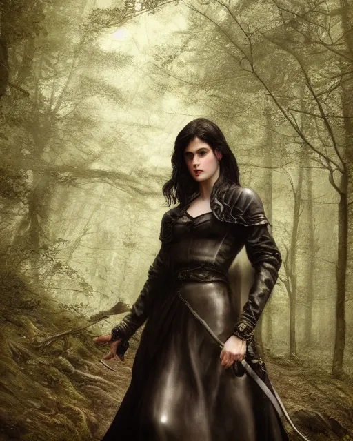 Prompt: 5 5 mm close up portrait photo of alexandra daddario as yennefer of vengerberg in black leather armor and black hair and purple eyes, in a forest. magical atmosphere. art by greg rutkowski. lifelike. soft light. nikon d 8 5 0.