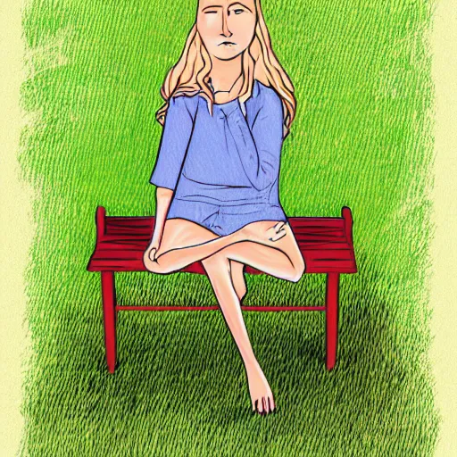 Prompt: an illustration of a young woman with long blond hair sitting on a green bench with her head in her hands, digital art
