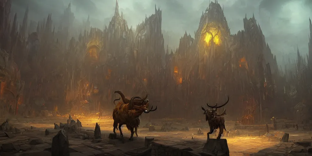 Image similar to The Minotaur End-boss by Tyler Edlin and Raphael Lacoste, fantasy art, maze corridors in the background, wide angle, cinematic composition, dark moody lighting