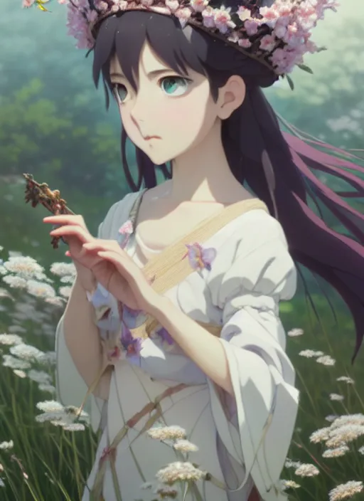 Image similar to a film still portrait of nymph girl with crown of flowers, finely detailed features, perfect art, trending on pixiv fanbox, painted by greg rutkowski makoto shinkai takashi takeuchi studio ghibli, akihiko yoshida,