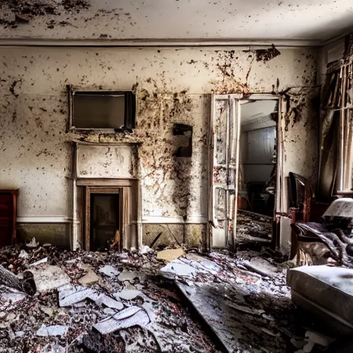 Prompt: Award winning photo of a living room of a flat abandoned 3 moths ago, 4k, urban exploring, high quality, messy