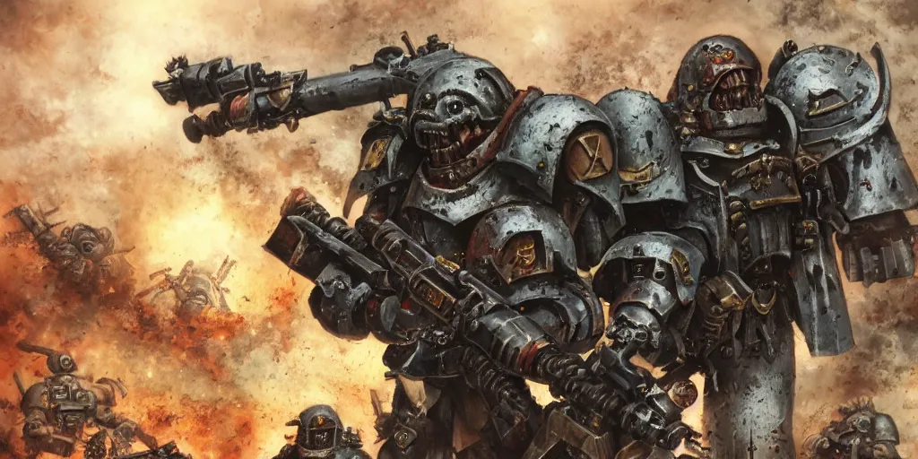 Prompt: warhammer 4 0 k marine, war background, realistic,